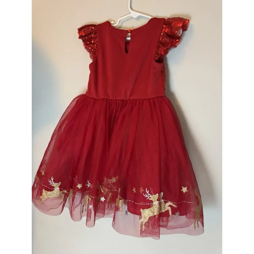 Zunie Red Christmas Sequins Reindeer Dress Tulle Girls Sz 5 NWT $74